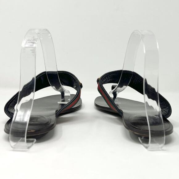 Gucci Web Horsebit Black Leather Thong Sandals Green‑Red Strap 38.5 EU - Picture 5 of 10